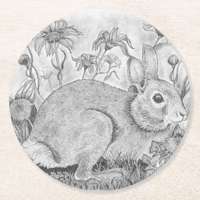 Posavasos Redondo De Papel Conejo en flores (Anverso)