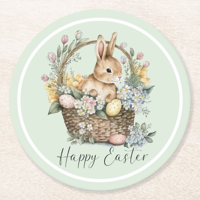 Posavasos Redondo De Papel Conejo Mint Green Happy Easter (Anverso)