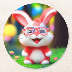 Posavasos Redondo De Papel Conejo rojo con gafas americanas-442244