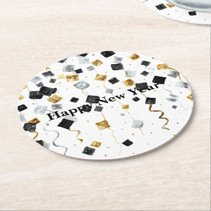 Posavasos Redondo De Papel Confeti de Feliz Año Nuevo en Dorado Negro