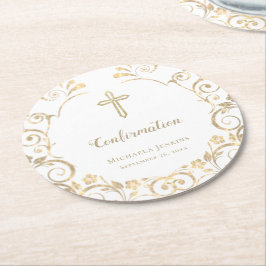 Posavasos Redondo De Papel Confirmación elegante de la Cruz Blanca de Oro