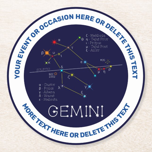 Posavasos Redondo De Papel Constelación de Zodiac Gemini (Anverso)