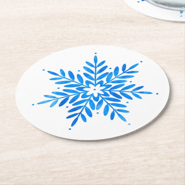 Posavasos Redondo De Papel Copo de nieve azul acuarela (En perspectiva)