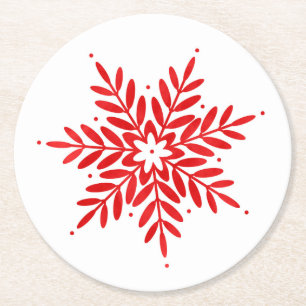 Posavasos Redondo De Papel Copo de nieve de color rojo