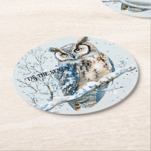 Posavasos Redondo De Papel Copo de Nieve de Invierno Búho Azul Navidad Nieve