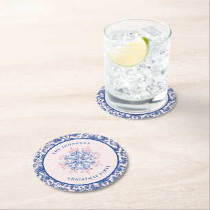Posavasos Redondo De Papel Copo de nieve rosa y azul con borde de Damasco