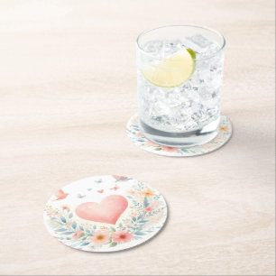 Posavasos Redondo De Papel Corazón de acuarela suave amor flores pájaros