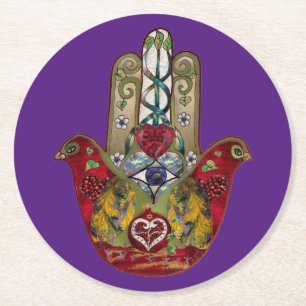 Posavasos Redondo De Papel Corazón de Granada Rojo de Pájaro Hamsa Rubí