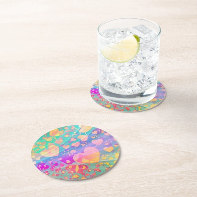 Posavasos Redondo De Papel Corazón Patrón de Amor Diseño Pastel (In situ)