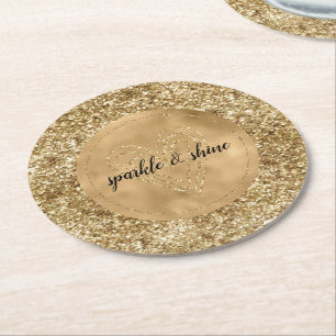 Posavasos Redondo De Papel Corazón Purpurina de Confetti de oro