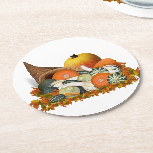 Posavasos Redondo De Papel Cornucopia Gourds Thanksgiving (En perspectiva)