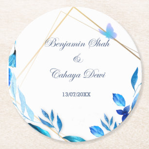 Posavasos Redondo De Papel costar simple boda con pétalo azul y blanco