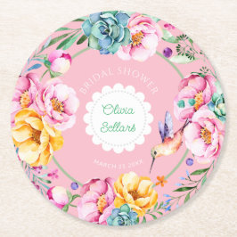 Posavasos Redondo De Papel Cottagecore Desayuno de Novia con Colibrí
