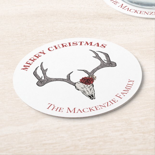 Posavasos Redondo De Papel Country Merry Xmas Deer Reindeer Skull Antlers (En perspectiva)