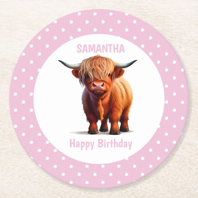 Posavasos Redondo De Papel Cow Highland PINK (Anverso)