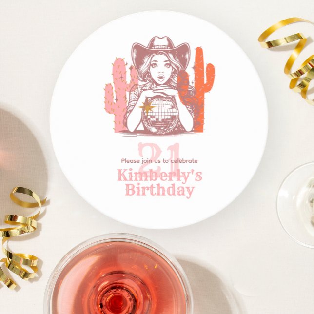 Posavasos Redondo De Papel Cowgirl Pink Country Disco 21st Birthday Party (Subido por el creador)