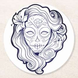 Posavasos Redondo De Papel Cráneo de azúcar blanco y negro