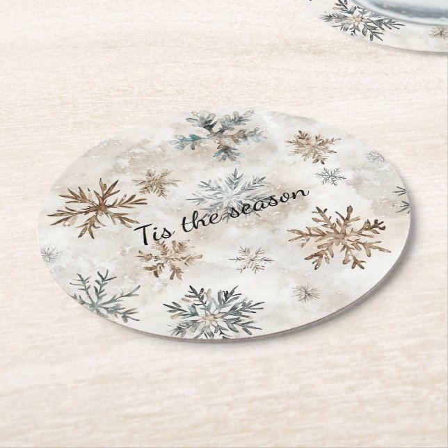 Posavasos Redondo De Papel Cream Blue Brown Snowflakes Christmas (En perspectiva)