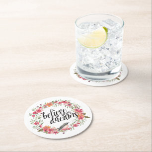 Posavasos Redondo De Papel Creer en tus sueños Bird Pink Floral