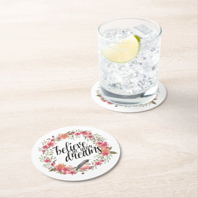 Posavasos Redondo De Papel Creer en tus sueños Bird Pink Floral (In situ)