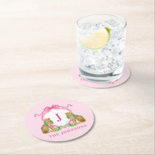 Posavasos Redondo De Papel Crestón de leopardo con corona de Navidad Monogram