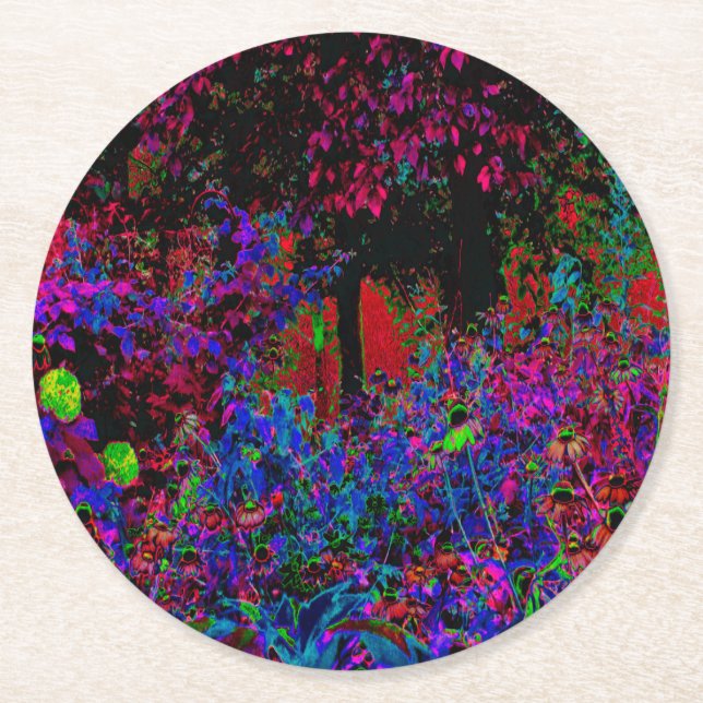 Posavasos Redondo De Papel Crimson Psicodélico Rojo y Amanecer del Jardín Neg (Anverso)