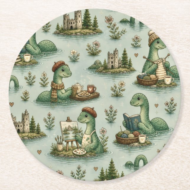 Posavasos Redondo De Papel Criptídeos Acogedores Nessie Monstruo del Lago Nes (Anverso)