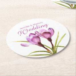 Posavasos Redondo De Papel Crocus acuarela arte boda púrpura