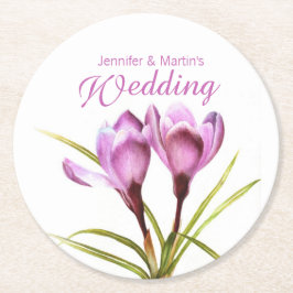Posavasos Redondo De Papel Crocus acuarela arte boda púrpura