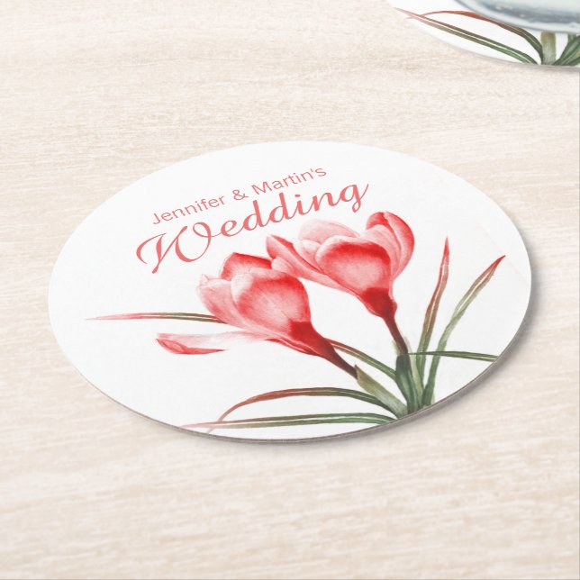 Posavasos Redondo De Papel Crocus acuarela arte naranja boda gallos (En perspectiva)