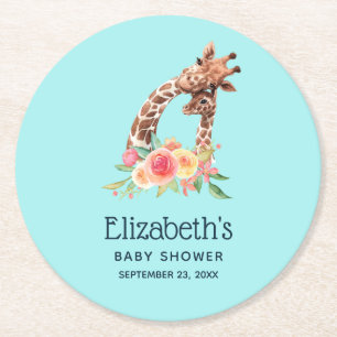 Posavasos Redondo De Papel Cuidada Giraffe Watercolor Mamá y Ducha de Recién