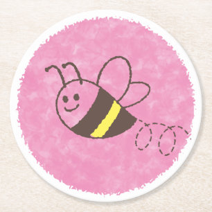Posavasos Redondo De Papel Cuidada Pequeña Abeja Volando Color de Agua Rosa B