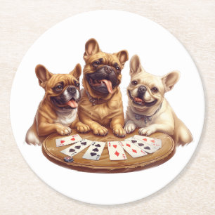 Posavasos Redondo De Papel Cuidados Bulldoges franceses jugando cartas