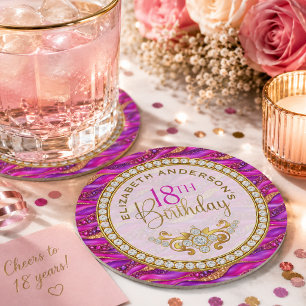Posavasos Redondo De Papel Cumpleaños 18 Glam Pink Gold Joyas Strata