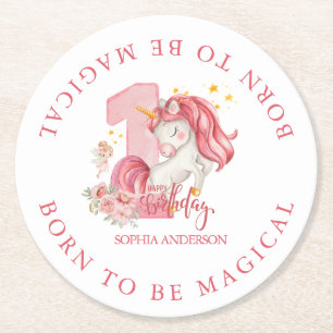 Posavasos Redondo De Papel Cumpleaños 1 de Unicornio Rosa Niña