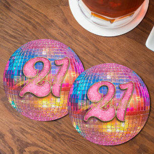 Posavasos Redondo De Papel Cumpleaños 21 Fiesta Dorado Rosa Brillo Bola de Di