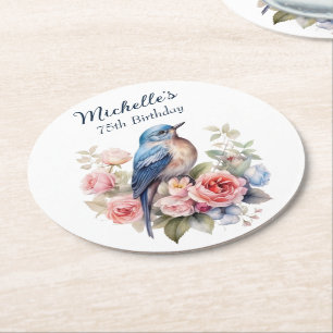 Posavasos Redondo De Papel Cumpleaños 75 Blue Bird Pink Flowers