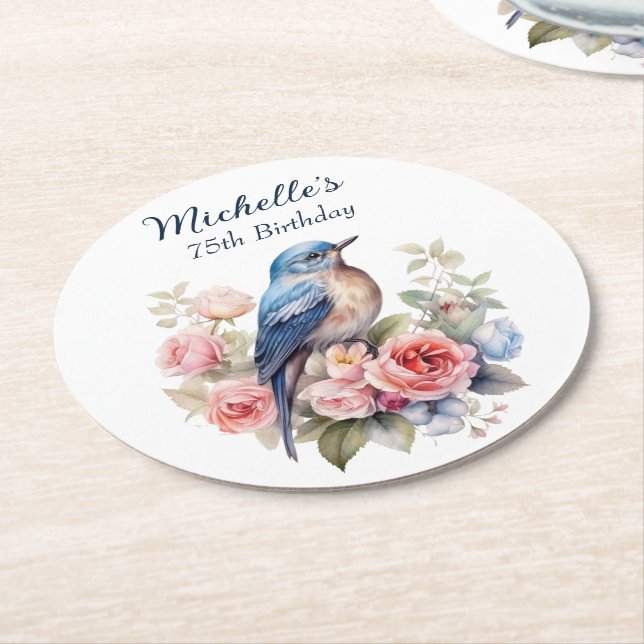 Posavasos Redondo De Papel Cumpleaños 75 Blue Bird Pink Flowers (En perspectiva)
