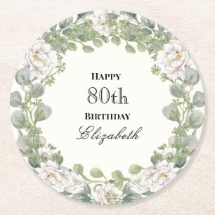 Posavasos Redondo De Papel Cumpleaños 80 de Mujer Borde Floral Personalizado