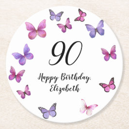 Posavasos Redondo De Papel Cumpleaños 90 Elegante Mariposas Nombre Personaliz