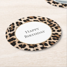 Posavasos Redondo De Papel Cumpleaños Brillo Dorado Animal Leopardo Crema