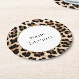 Posavasos Redondo De Papel Cumpleaños Brillo Dorado Animal Leopardo Crema