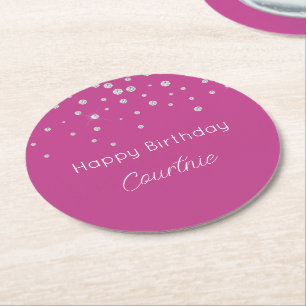 Posavasos Redondo De Papel Cumpleaños con Diamantes Rosados y Blancos Glam