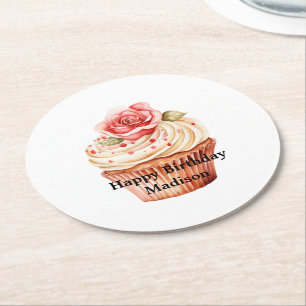 Posavasos Redondo De Papel Cumpleaños Cupcake Rosa Blush Chic