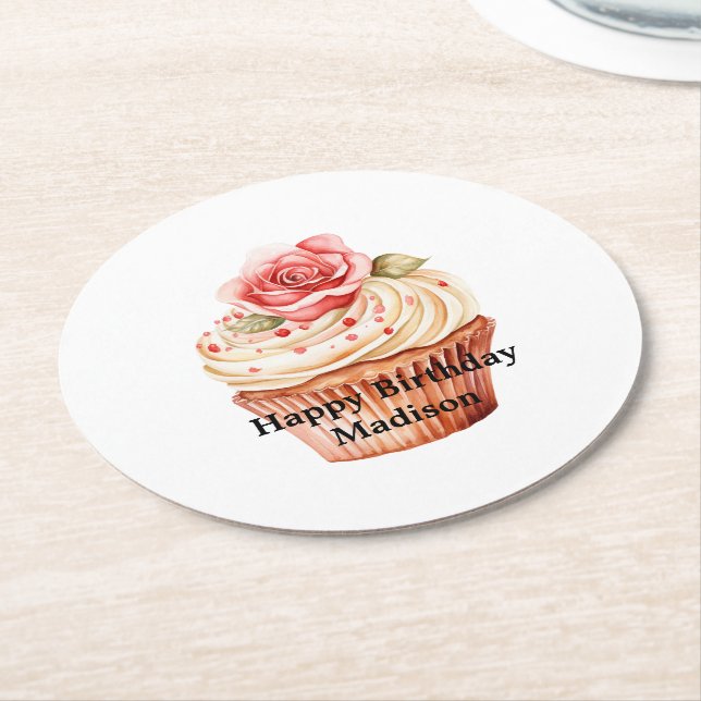 Posavasos Redondo De Papel Cumpleaños Cupcake Rosa Blush Chic (En perspectiva)