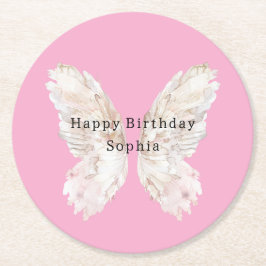 Posavasos Redondo De Papel Cumpleaños de alas de mariposa rosa Pretty Girly