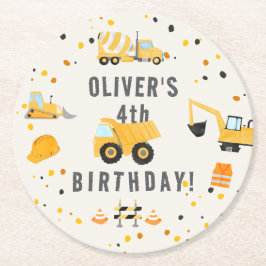 Posavasos Redondo De Papel Cumpleaños de Camiones de Construcción