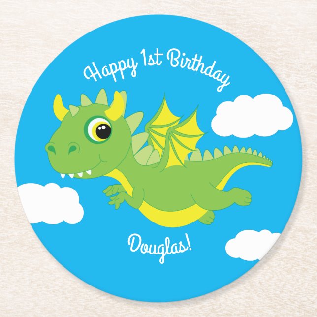 Posavasos Redondo De Papel Cumpleaños de Dragon Cute Kid (Anverso)