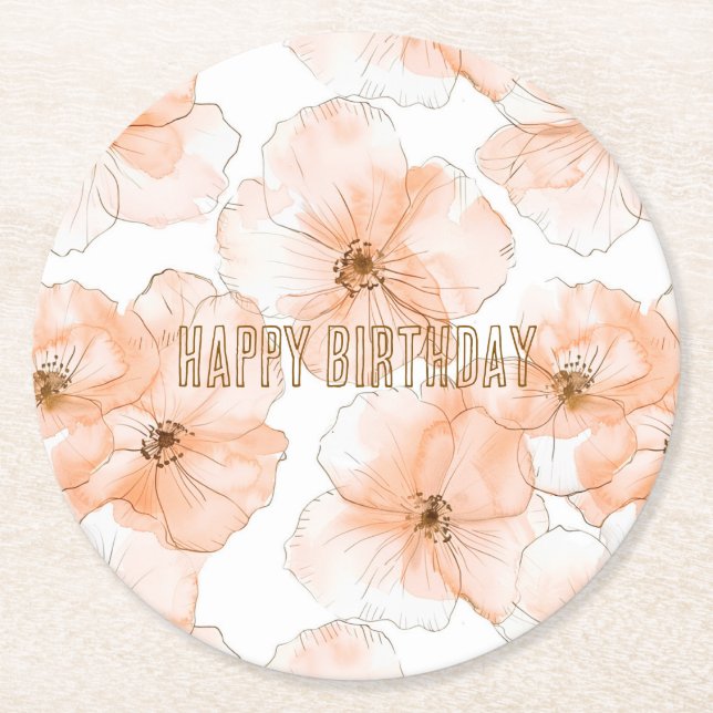 Posavasos Redondo De Papel Cumpleaños de Flores de Melocotón Bonitas (Anverso)