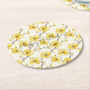 Posavasos Redondo De Papel Cumpleaños de las flores amarillas de oro